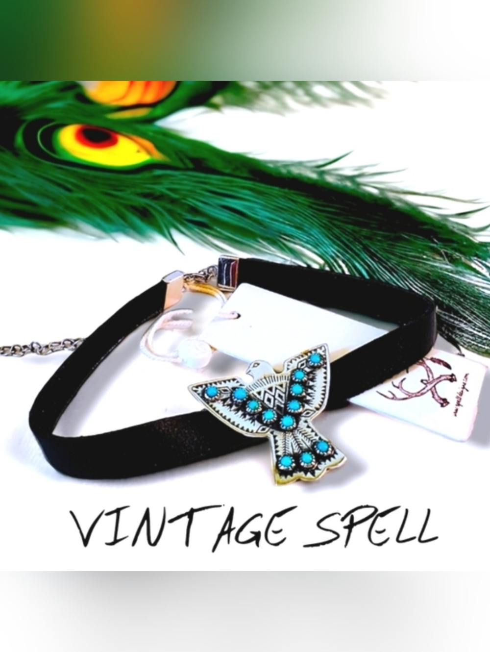 NWT Vintage Spell Sterling Silver Turquoise Stone Black Leather Pendant Necklace